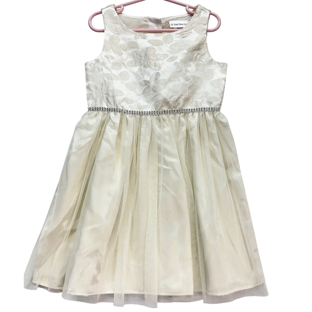 Sweet Heart Rose Dress Girls 6 Ivory Floral Brocade Rhinestone Tulle Party Dress